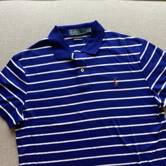 Polo New Men's Blue Dolphin/White Stripe & Pink/Blue Stripe Pima Interlock Shirt - Picture 12 of 15